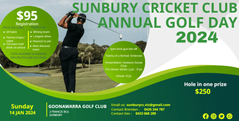 SCC annual golf day is on Sunday Jan 14th. Please contact Brendan or Kev ASAP to book you spots. Always a great day so make sure you are there. 